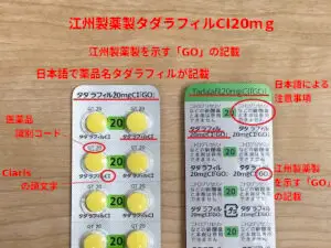 江州製薬製タダラフィルには薬品名や製薬会社名が記載されている